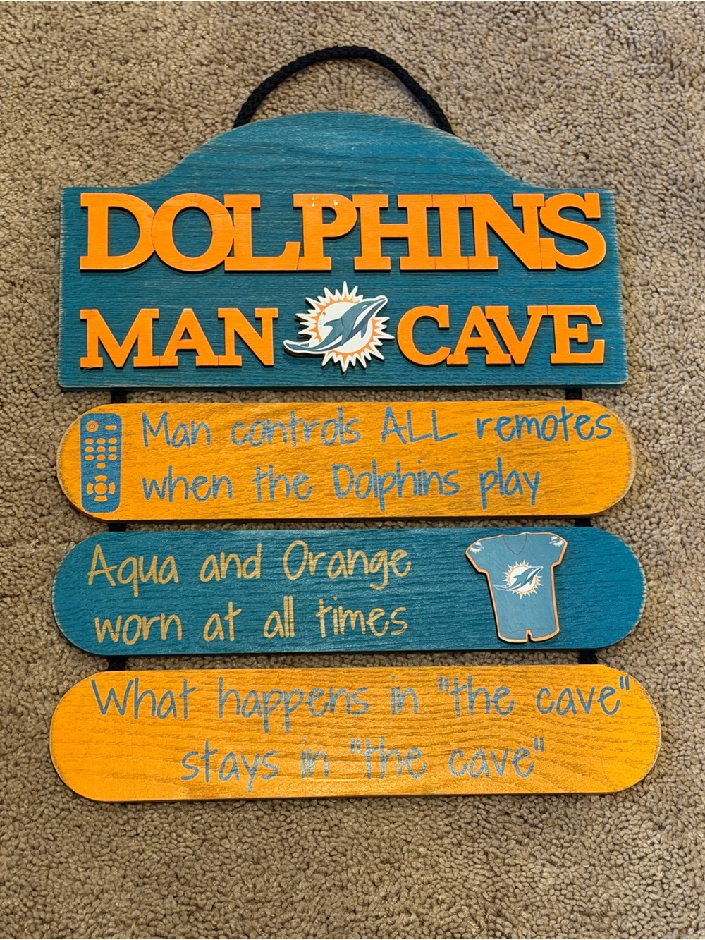 DOLPHINS Man Cave Wall Sign - Aqua and Orange